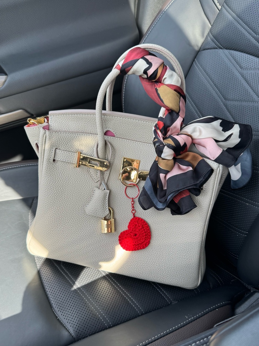 Elegant Light Gray Leather Tote Bag with Scarf Accent